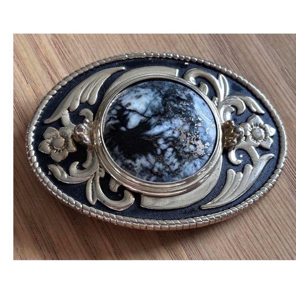 Vintage Style Oval Western Belt Buckle Silver Tone Marbled Stone Floral Filigree
